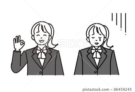 Monochrome illustration 2 pose set of high school girl or junior high school girl who is OK pose or disappointed Monochrome illustration 2 pose set of high school girl or junior high school girl who is OK pose or disappointed 86459245