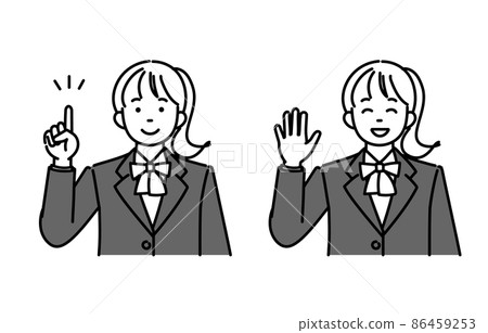 Monochrome illustration 2 pose set of high school girls or junior high school girls giving explanations and greetings Monochrome illustration 2 pose set of high school girls or junior high school girls giving explanations and greetings 86459253