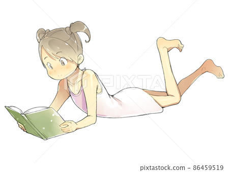 A girl in underwear reading while lying down A girl in underwear reading while lying down 86459519