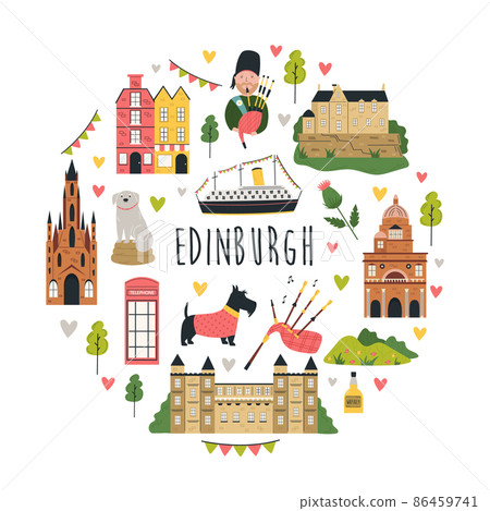 Tourist abstract design with famous destinations and landmarks of Edinburgh. 86459741