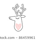 Deer head portrait. Stylized drawing reindeer in simple scandi style. Nursery scandinavian art. Black and white vector illustration 86459961