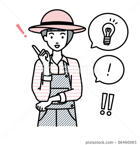農民女氣球上的一組燈泡和感嘆號，她站起來想出了一個好主意 86460065
