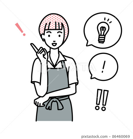 一個站起來想出一個絕妙主意的咖啡館女店員一組燈泡和一個氣球上的感嘆號 一個站起來想出一個絕妙主意的咖啡館女店員一組燈泡和一個氣球上的感嘆號 86460069