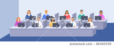 Call center customer care operators team with headsets at the desks in office. Flat vector illustration. Customer support service agents, men and women, talking with clients. Contact center assistants 86460599