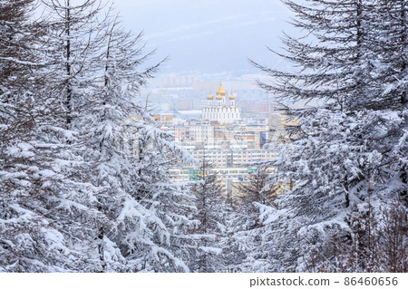 Beautiful winter landscape. Scenic views of the city and snow-covered trees. Beautiful winter landscape. Scenic views of the city and snow-covered trees. 86460656