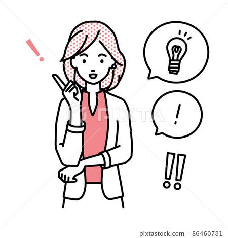 一套燈泡和一個感嘆號，在一個穿夾克的女氣球上，它站起來激發了一個好主意 86460781