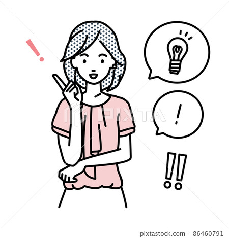 An office casual woman who stood up and got a great idea A set of light bulbs and exclamation marks on a balloon 86460791