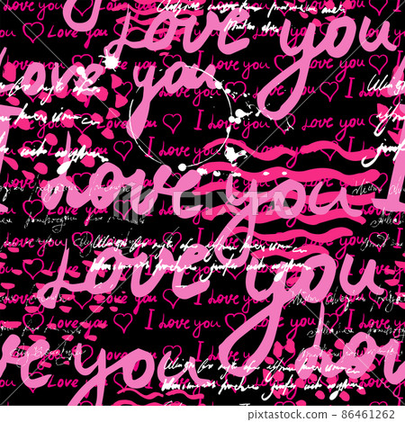 Seamless pattern, text I love you, hand written words, pink hearts. Sketch, doodle, lettering, happy valentines day. Vector illustration black background 86461262