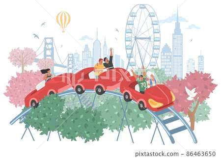 People riding roller coaster, vector illustration. Fairground amusement park attraction. Entertainment, leisure activity 86463650