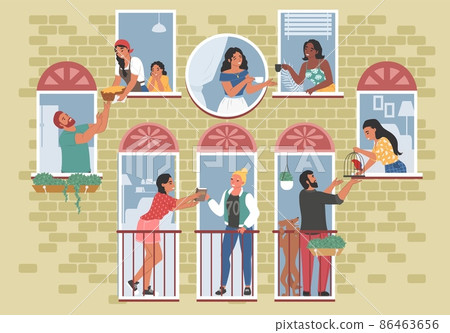 Good neighbors communicating with each other from open windows and balconies, vector illustration. Good neighborhood. Good neighbors communicating with each other from open windows and balconies, vector illustration. Good neighborhood. 86463656