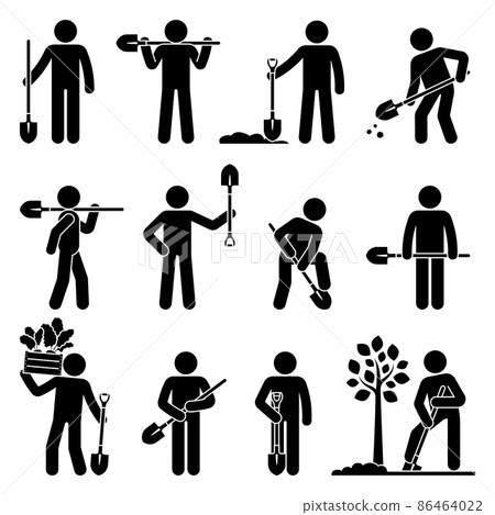 Stick figure man with shovel vector illustration set. Stickman digging ground, planting tree, gathering harvest icon 86464022