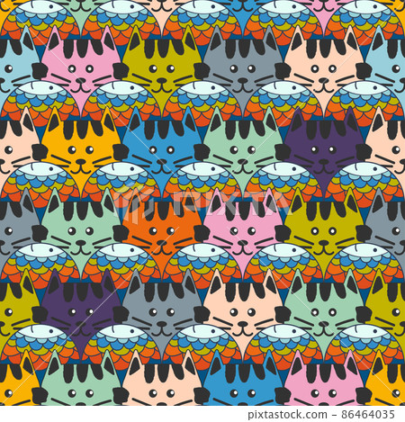 Cute cat heads with fish seamless pattern. Vector Cute cat heads with fish seamless pattern. Vector 86464035