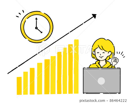 A woman who uses a personal computer to increase the graph over time 86464222