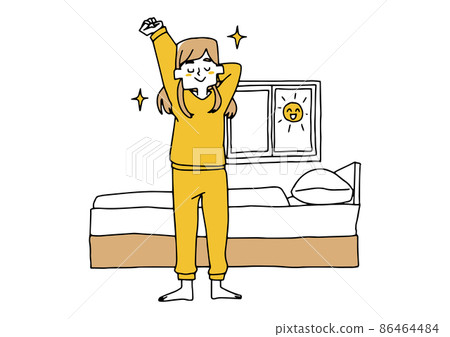 一個早上舒適地醒來的年輕女子,一個滑稽的手寫人物插圖,以及一個簡單的矢量線圖著色。 一個早上舒適地醒來的年輕女子,一個滑稽的手寫人物插圖,以及一個簡單的矢量線圖著色。 86464484