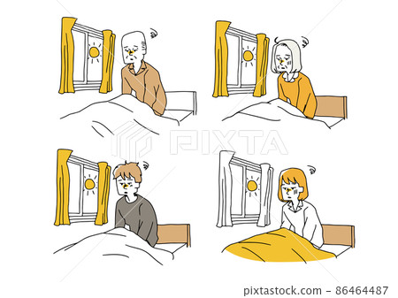 A set of people who have sleep problems. Comical handwritten person illustrations. Simple coloring of vector line drawings. 86464487