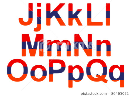 Letters with Armenian flag. J, K, L, M, N, O, P uppercase and lowercase letters. 3D rendering 86465021