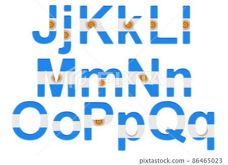 Letters with Argentinean flag. J, K, L, M, N, O, P uppercase and lowercase letters. 3D rendering 86465023