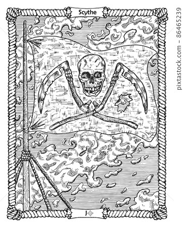 Scythe card from the oracle Old Marine Lenormand deck with pirate flag and the Jolly Roger symbol. Nautical vintage background, coloring book page, t-shirt and tattoo vector graphic Scythe card from the oracle Old Marine Lenormand deck with pirate flag and the Jolly Roger symbol. Nautical vintage background, coloring book page, t-shirt and tattoo vector graphic 86465239