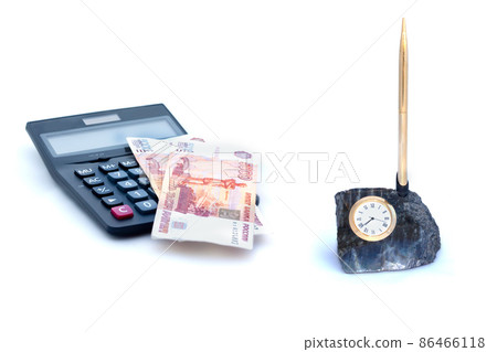 Collage of tablet pen, calculator, money and watch isolated on white background 86466118