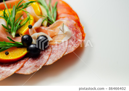Continental cured pork cold cuts, prosciutto, milano style salami and spanish chorizo Continental cured pork cold cuts, prosciutto, milano style salami and spanish chorizo 86466402