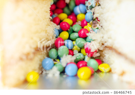 Madeira sponge coated with yellow colour frosting, layered with plum and raspberry jam, filled and topped with multicolour chocolate nibs and decorated with multicolour frostings and sugar decorations Madeira sponge coated with yellow colour frosting, layered with plum and raspberry jam, filled and topped with multicolour chocolate nibs and decorated with multicolour frostings and sugar decorations 86466745