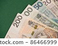 Closeup view of polish money banknotes - zloty on green as financial background. Cash money. Financial growth and business concept 86466999