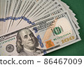 Closeup view of stack of one hundred dollars banknotes on dark green background. Cash money. Financial growth and business concept 86467009