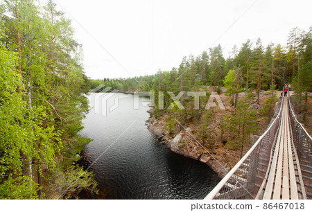 Rope bridge in the National Park Repovesi, Finland. 86467018