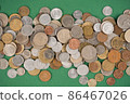 Collection of old coins on dark green background with copy space. Various vintage coins from worldwide as background. Financial growth and business concept. Numismatics and coins collecting 86467026