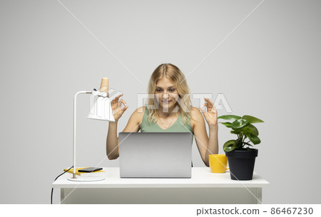 Picture of happy young lady chatting by laptop computer looking on a screen and showing okay gesture. 86467230