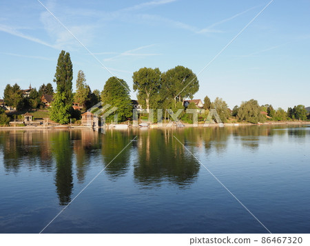 Scenic Rhine River in european STEIN AM RHEIN town in SWITZERLAND 86467320