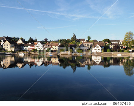 Brilliant Rhine River in european STEIN AM RHEIN town in SWITZERLAND 86467436