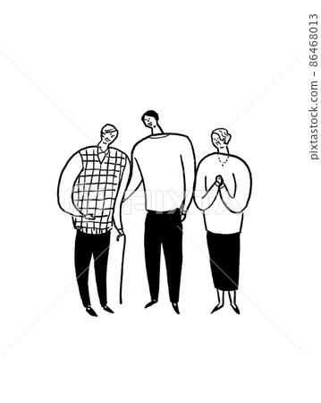Young men, older men and women, line drawings (vertical, centered) Young men, older men and women, line drawings (vertical, centered) 86468013