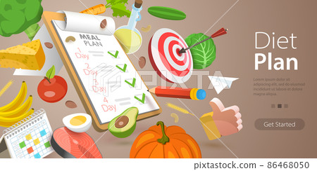 3D Vector Conceptual Illustration of Diet Plan, Healthy Nutrition Program 3D Vector Conceptual Illustration of Diet Plan, Healthy Nutrition Program 86468050