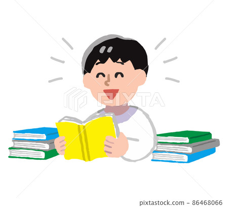 一個人在看書，堆著書，笑著（手繪顏色） 86468066