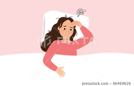 Young woman in bed feel stressed because of sleep problem. Flat vector cartoon design Young woman in bed feel stressed because of sleep problem. Flat vector cartoon design 86469626