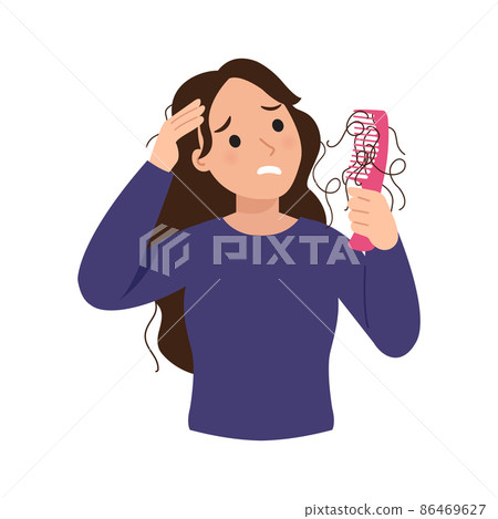 Young woman feel upset because of hair loss or alopecia, Flat vector cartoon design 86469627