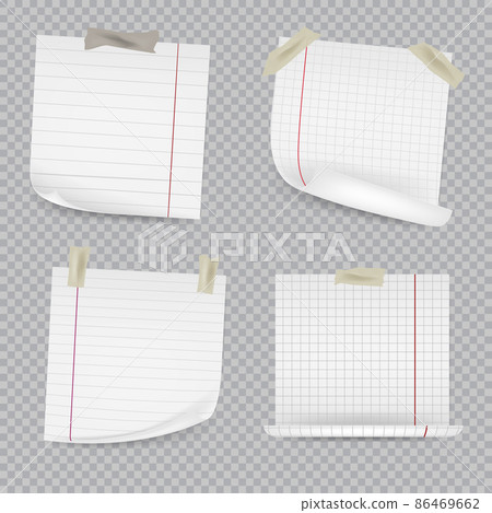 Office reminder sticker pages with curled corners. Wall notepad for scribbles vector set. Realistic square white paper sticky memo notes. 86469662