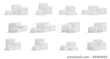 3d white square and round podium platforms for product showroom. Pedestal and platform, stand stage, cylinder. Round empty stages and podium stairs 3d white square and round podium platforms for product showroom. Pedestal and platform, stand stage, cylinder. Round empty stages and podium stairs 86469664