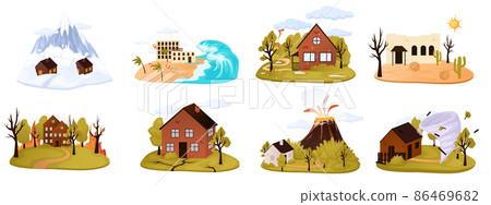 Natural disaster cartoon style set of isolated compositions. Hurricane, environmental crisis in nature, earthquake, volcano icons collection. Landslide with houses. 86469682