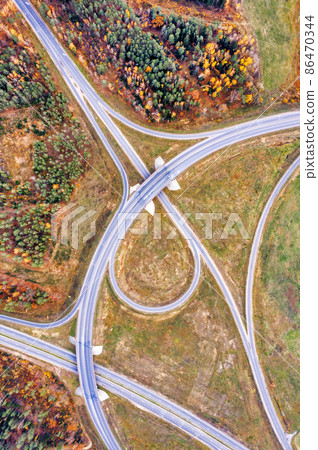 Aerial view on circular road intersection autumn landscape 86470344