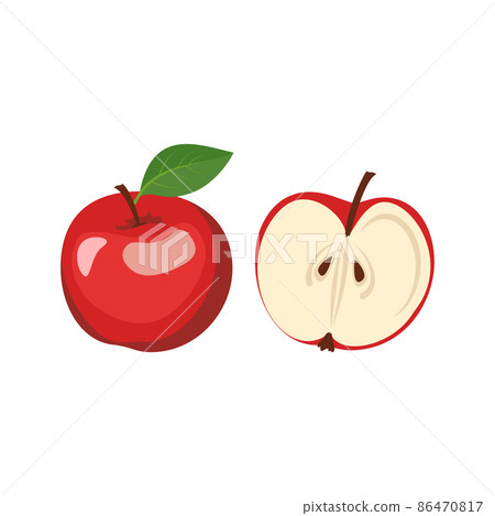 Red apple icons set. Whole fruits and halves with seeds and leaves. Food for healthy diet. Sweet snack. Vector flat illustration Red apple icons set. Whole fruits and halves with seeds and leaves. Food for healthy diet. Sweet snack. Vector flat illustration 86470817