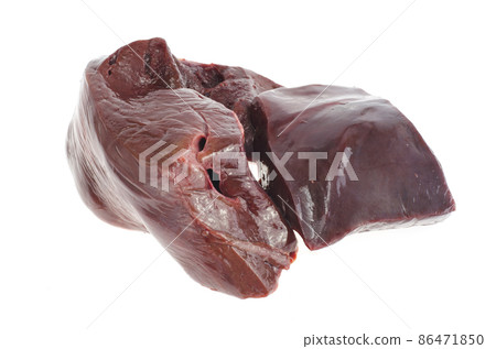 Raw beef liver on white background Raw beef liver on white background 86471850