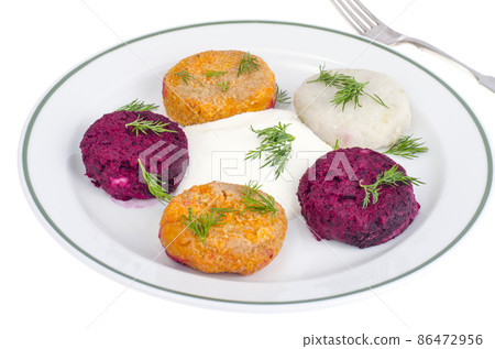 Vegetable burgers from beets, carrots, potatoes. Vegetarian menu. 86472956