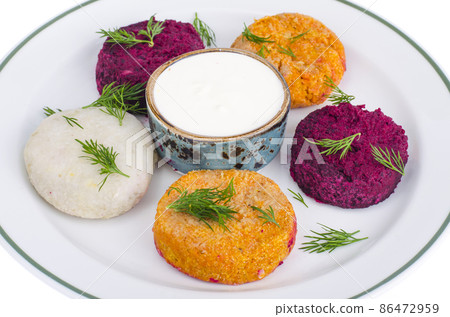 Vegetable burgers from beets, carrots, potatoes. Vegetarian menu. 86472959