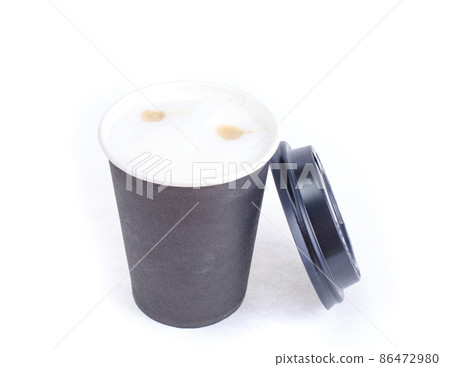 Disposable black paper cup with cappuccino, latte. 5432005 Stock