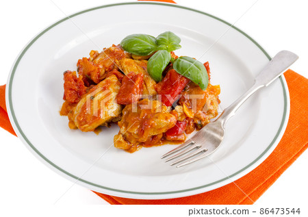 Chicken breast fillet braised with vegetables, paprika. Chicken breast fillet braised with vegetables, paprika. 86473544