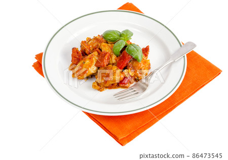Chicken breast fillet braised with vegetables, paprika. Chicken breast fillet braised with vegetables, paprika. 86473545
