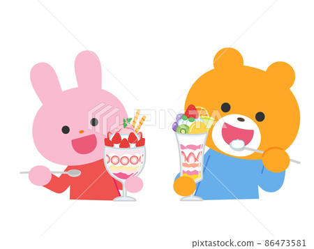 Rabbits and bears eating fruit parfait Rabbits and bears eating fruit parfait 86473581