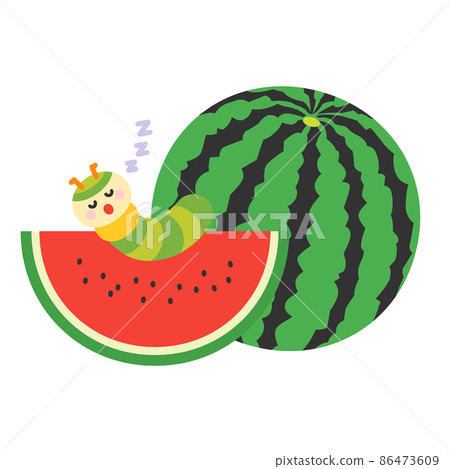 Watermelon and cute green worm character 86473609
